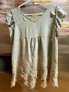 Sage Green Bohemian Eyelet Lace Embroidery Babydoll Top Shirt Flowy Blouse Large